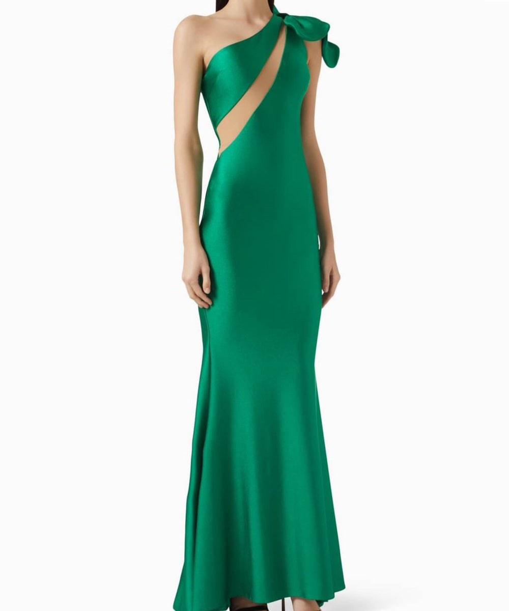 Emerald Green One Shoulder Bow Satin Cutout Mermaid Evening Gown