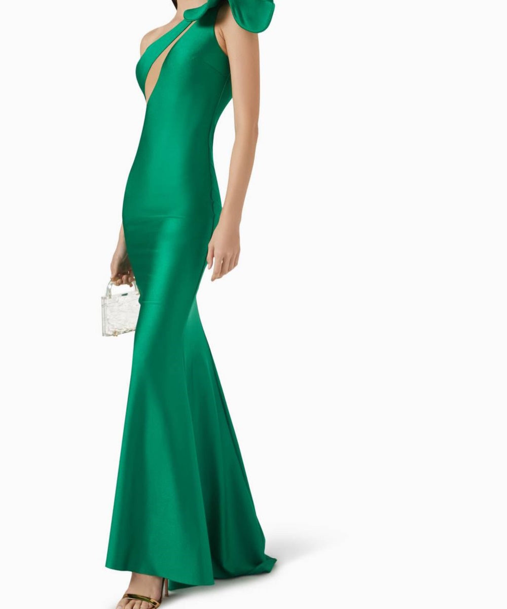 Emerald Green One Shoulder Bow Satin Cutout Mermaid Evening Gown