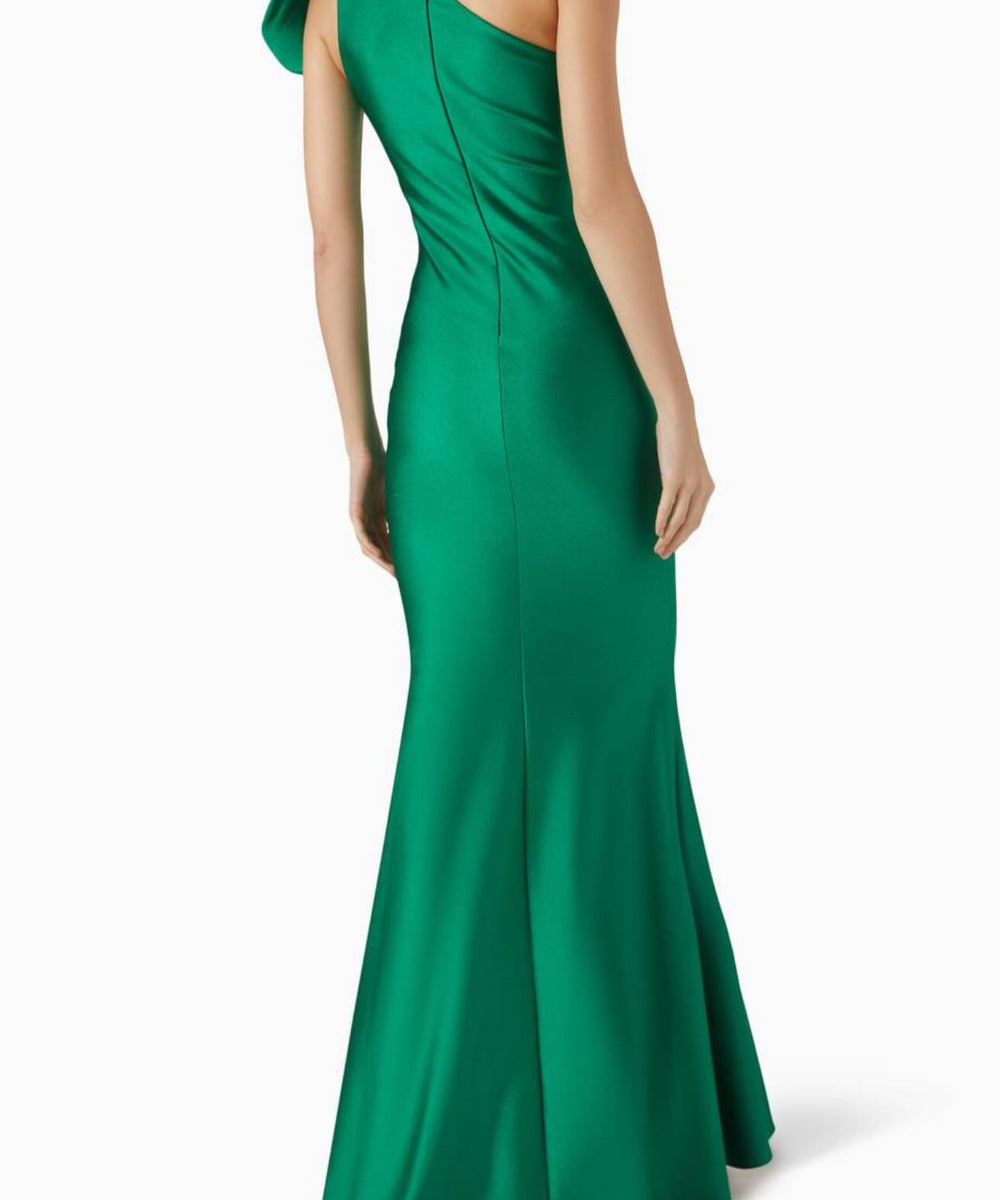 Emerald Green One Shoulder Bow Satin Cutout Mermaid Evening Gown