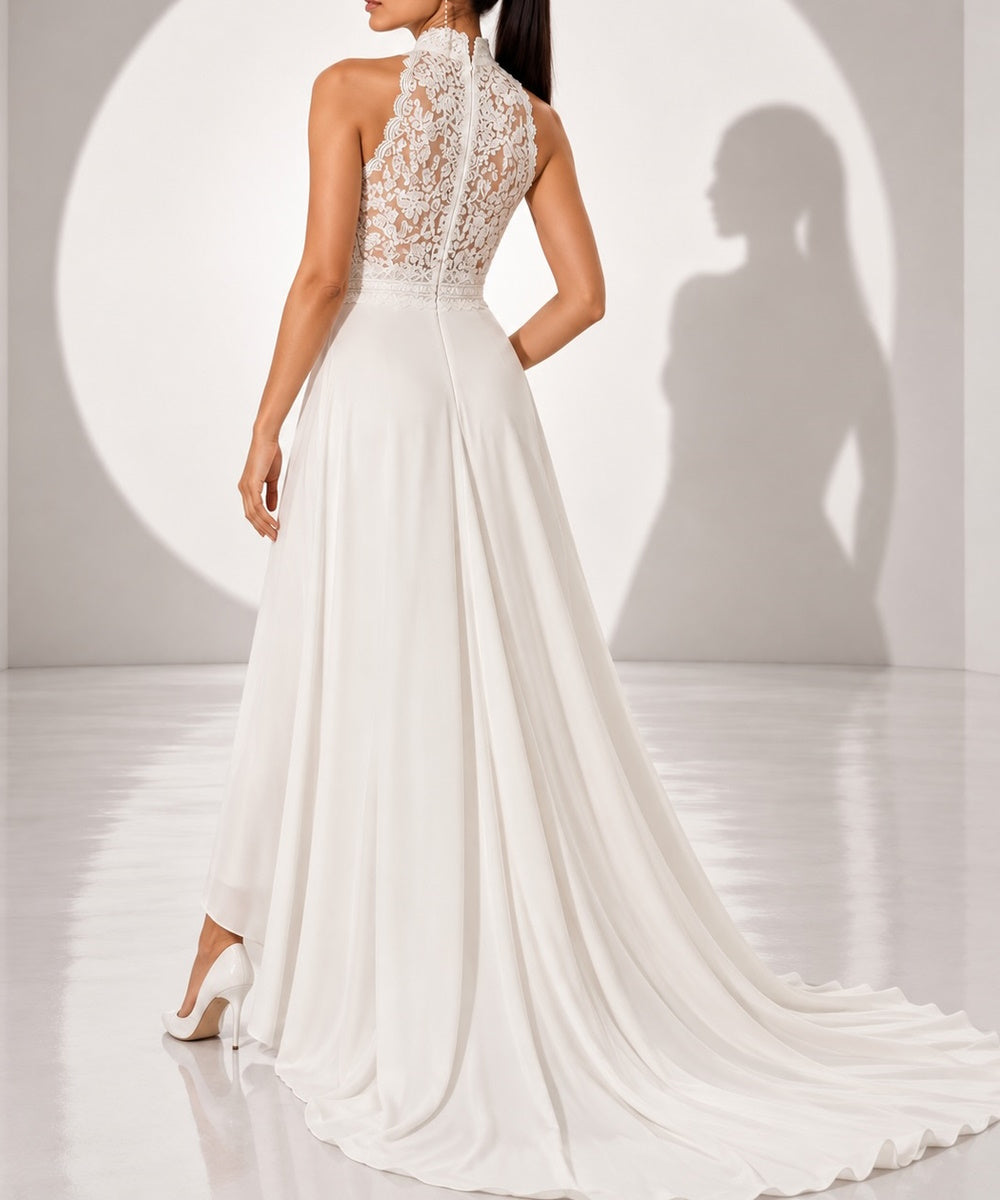Haltr V-Neck Lace Bodice Chiffon A-Line High Slit Evening Gown