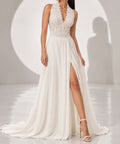 Haltr V-Neck Lace Bodice Chiffon A-Line High Slit Evening Gown