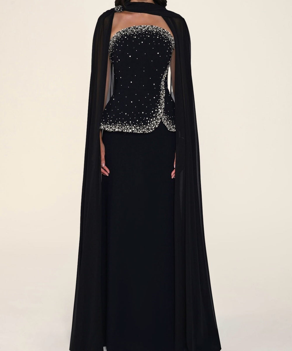 Strapless Rhinestone Beaded Peplum Gown with Flowing Chiffon Cape