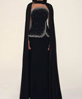 Strapless Rhinestone Beaded Peplum Gown with Flowing Chiffon Cape
