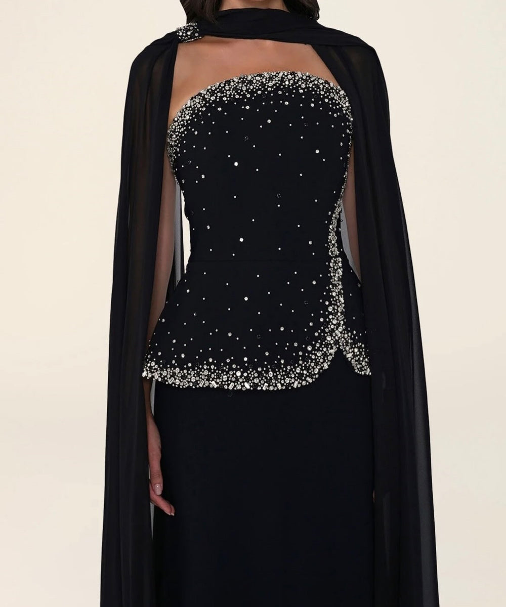 Strapless Rhinestone Beaded Peplum Gown with Flowing Chiffon Cape