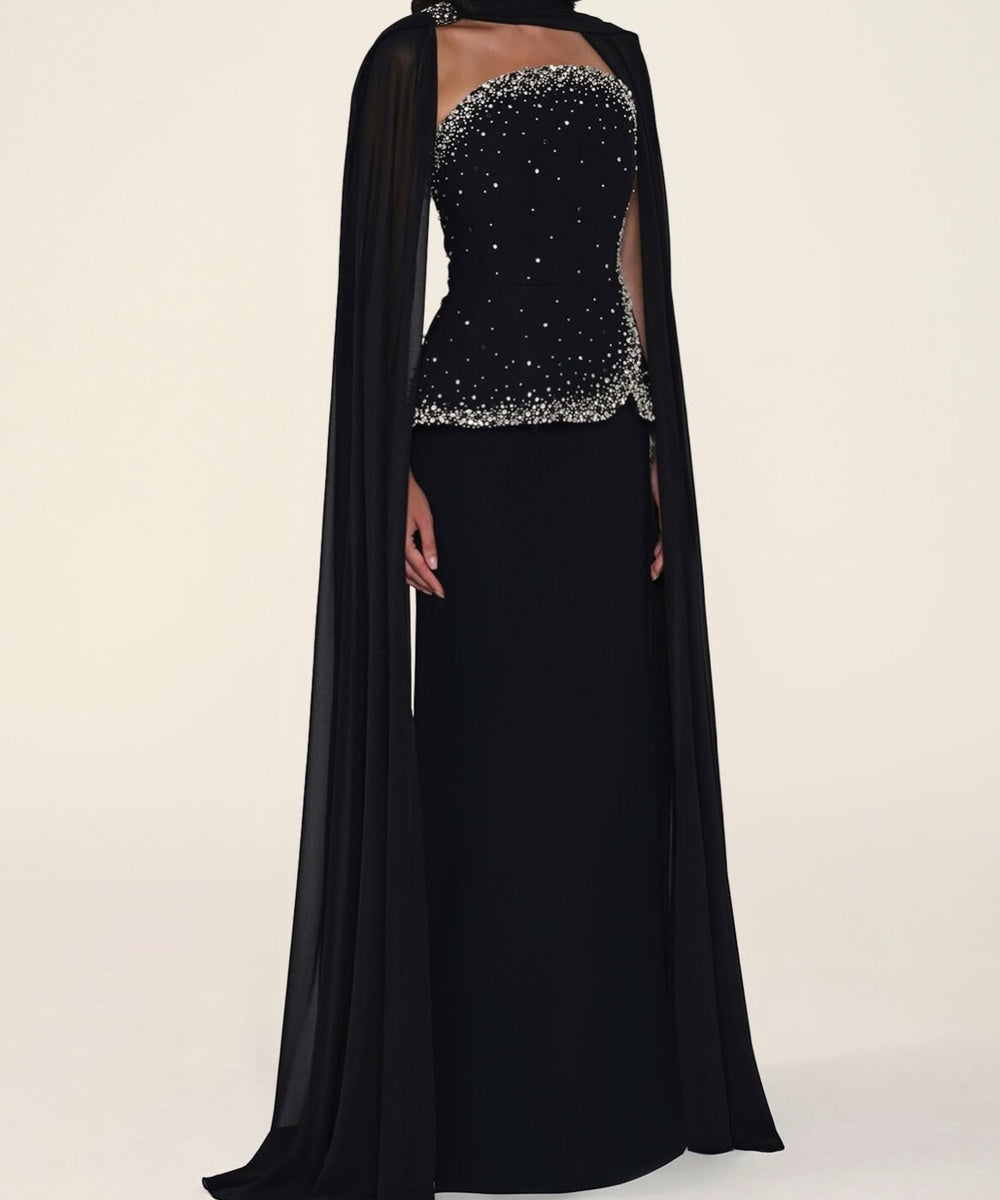 Strapless Rhinestone Beaded Peplum Gown with Flowing Chiffon Cape
