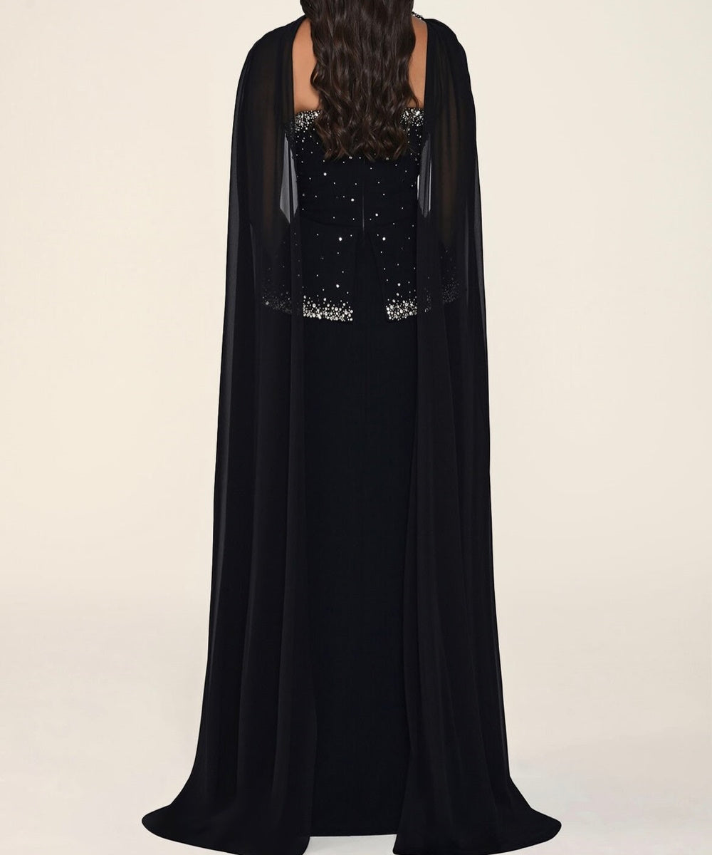 Strapless Rhinestone Beaded Peplum Gown with Flowing Chiffon Cape