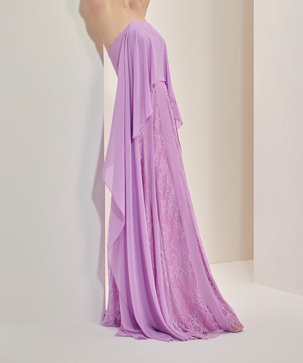 Lavender Strapless Chiffon Cape Maxi Evening Dress with Lace Lining