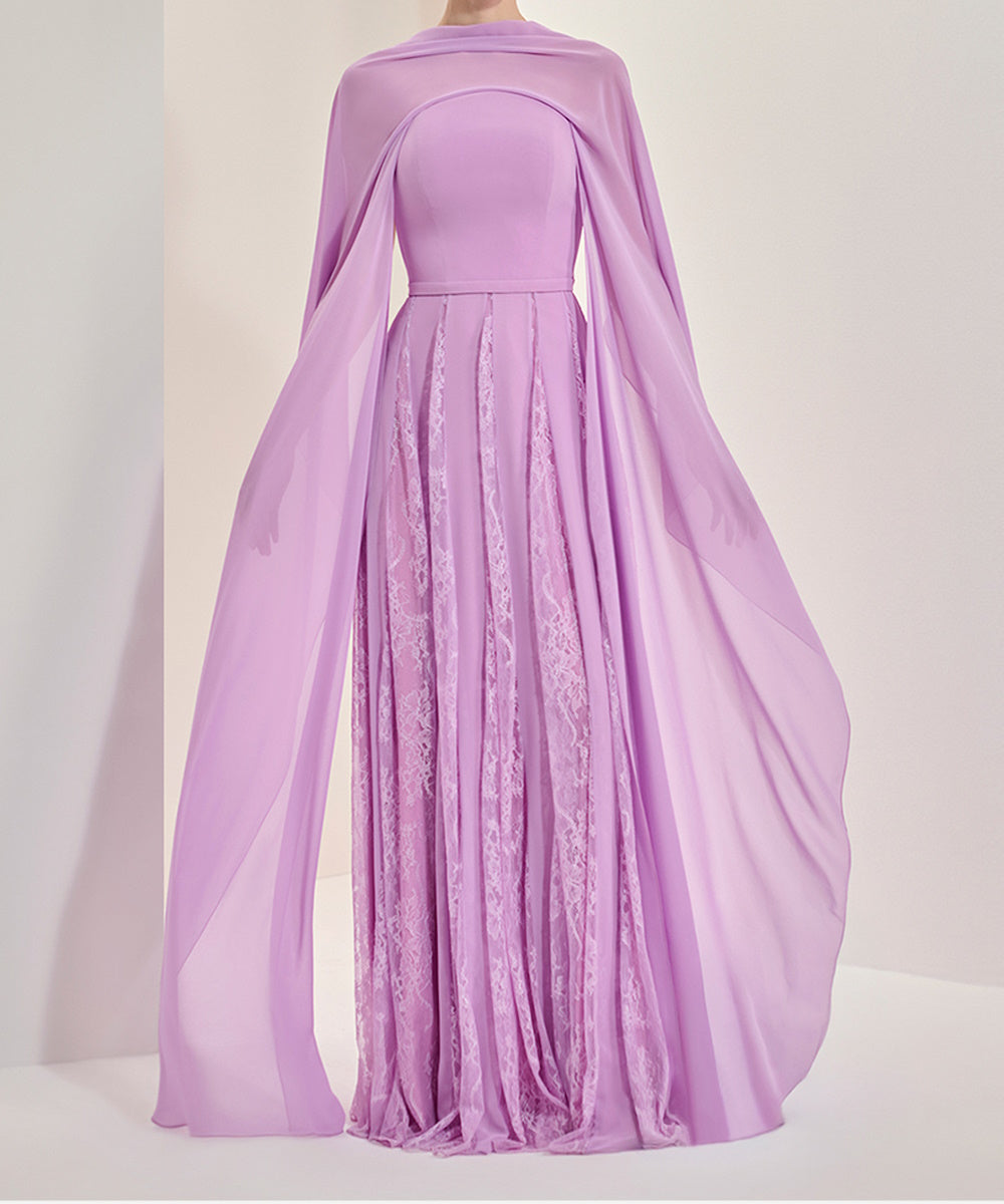 Lavender Strapless Chiffon Cape Maxi Evening Dress with Lace Lining