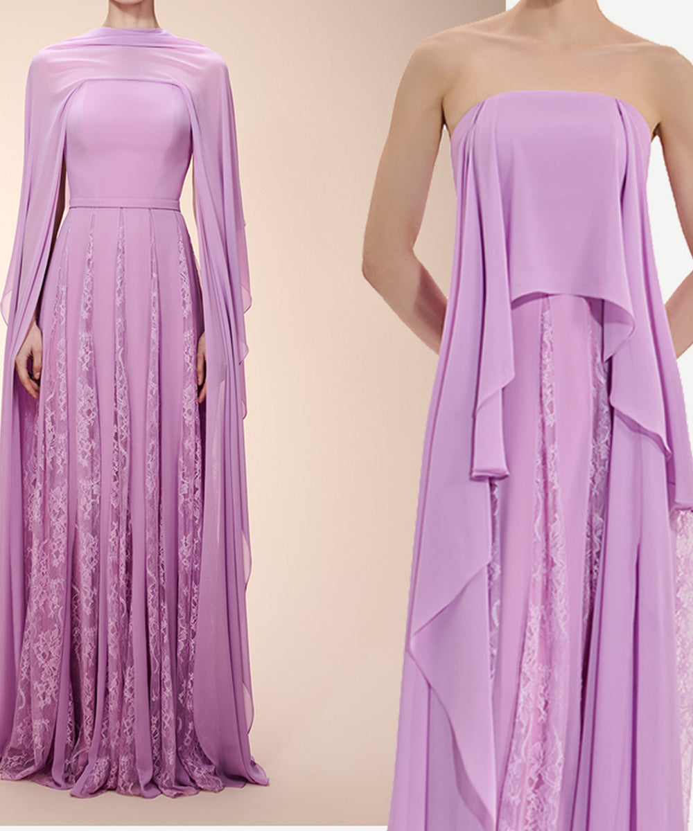 Lavender Strapless Chiffon Cape Maxi Evening Dress with Lace Lining