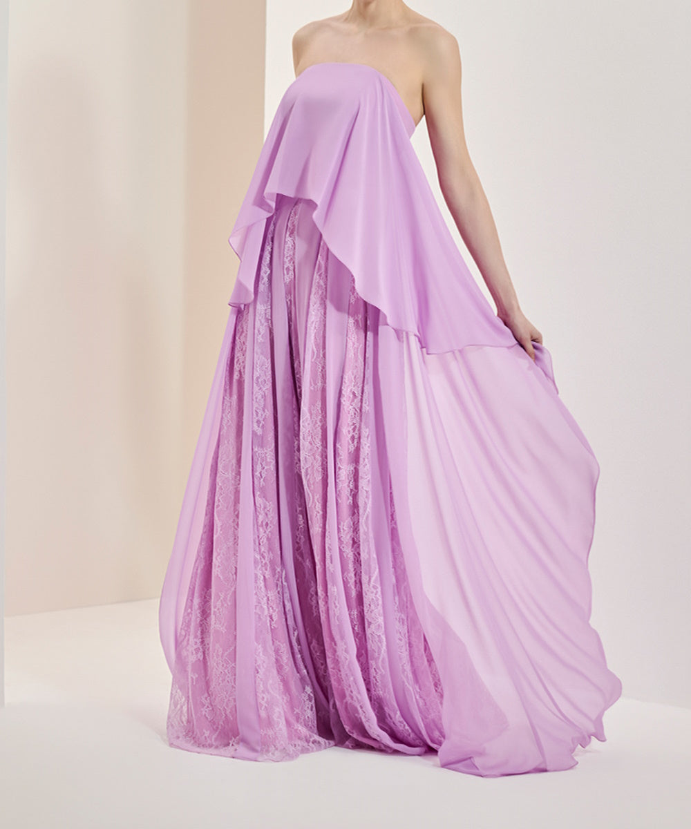 Lavender Strapless Chiffon Cape Maxi Evening Dress with Lace Lining