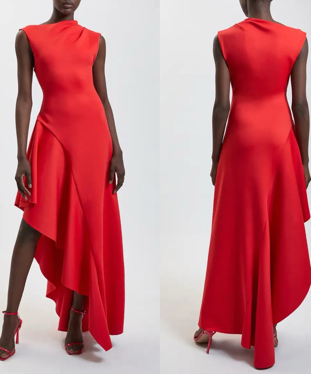 Sleeveless Draped Neck Asymmetric Ruffle Maxi Evening Dress