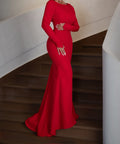 Red Boat Neck Long Sleeve Button Cuff Cowl Back Mermaid Evening Gown