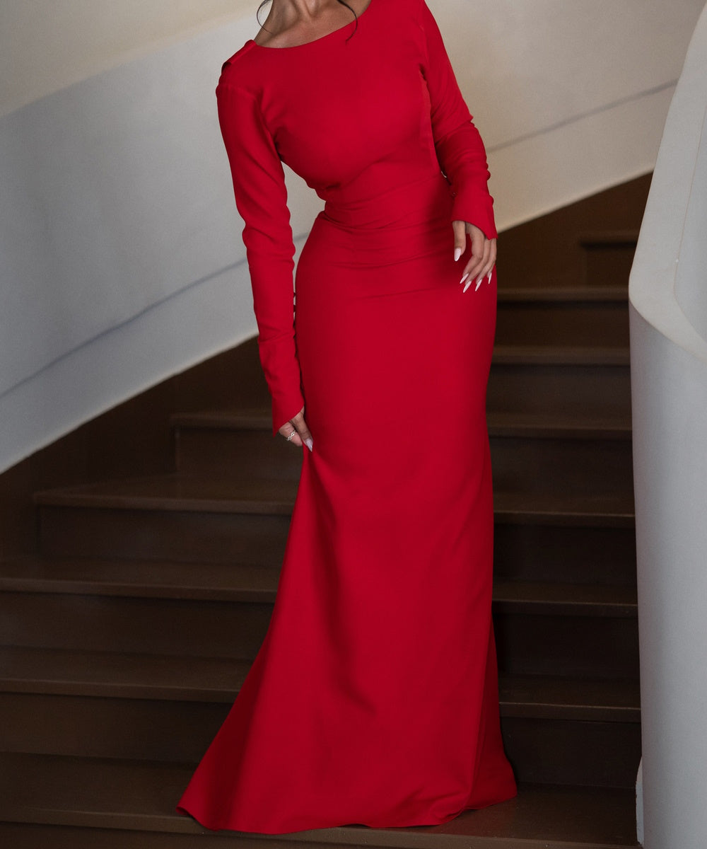 Red Boat Neck Long Sleeve Button Cuff Cowl Back Mermaid Evening Gown