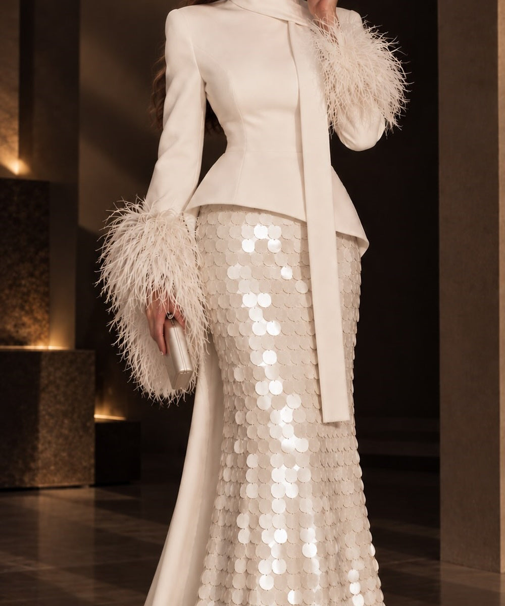 White Two Piece Formal Gown Peplum Jacket With Feather Cuffs & Large Sequin Mermaid Skirt