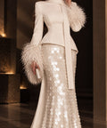 White Two Piece Formal Gown Peplum Jacket With Feather Cuffs & Large Sequin Mermaid Skirt
