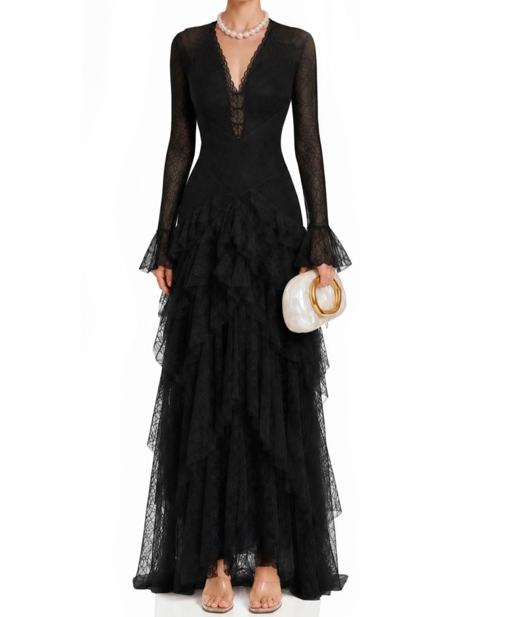 Black Long Sleeve V-Neck Lace Maxi Evening Dress with Tiered Ruffled Skirt