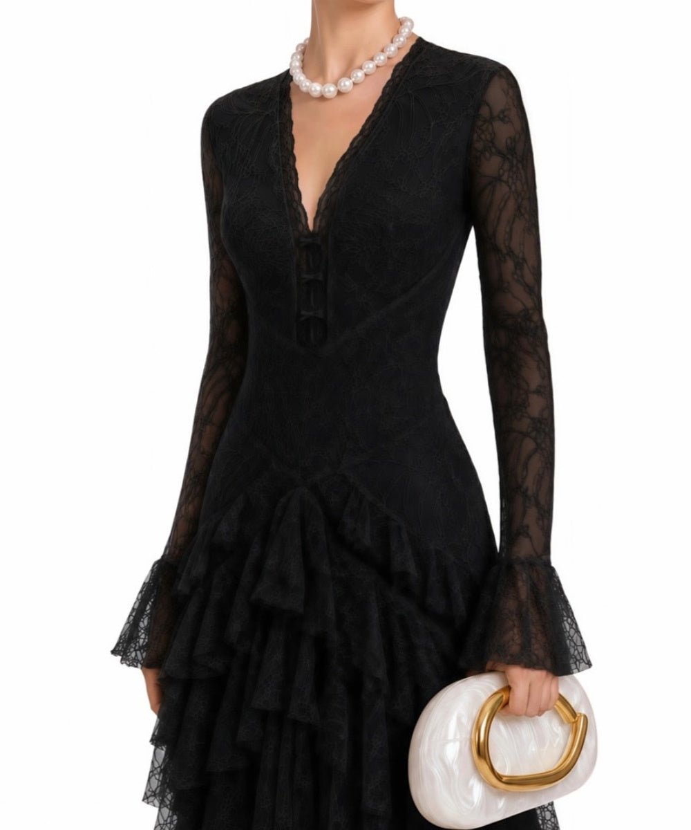 Black Long Sleeve V-Neck Lace Maxi Evening Dress with Tiered Ruffled Skirt