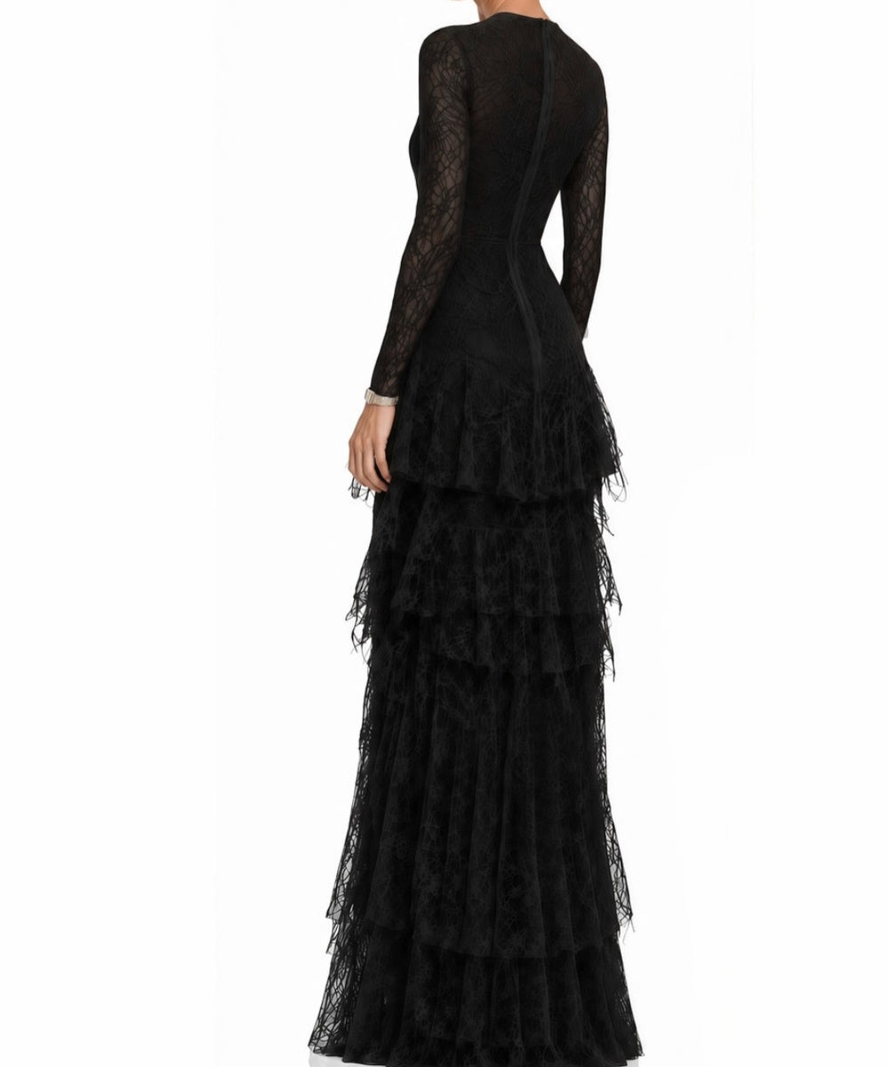 Black Long Sleeve V-Neck Lace Maxi Evening Dress with Tiered Ruffled Skirt