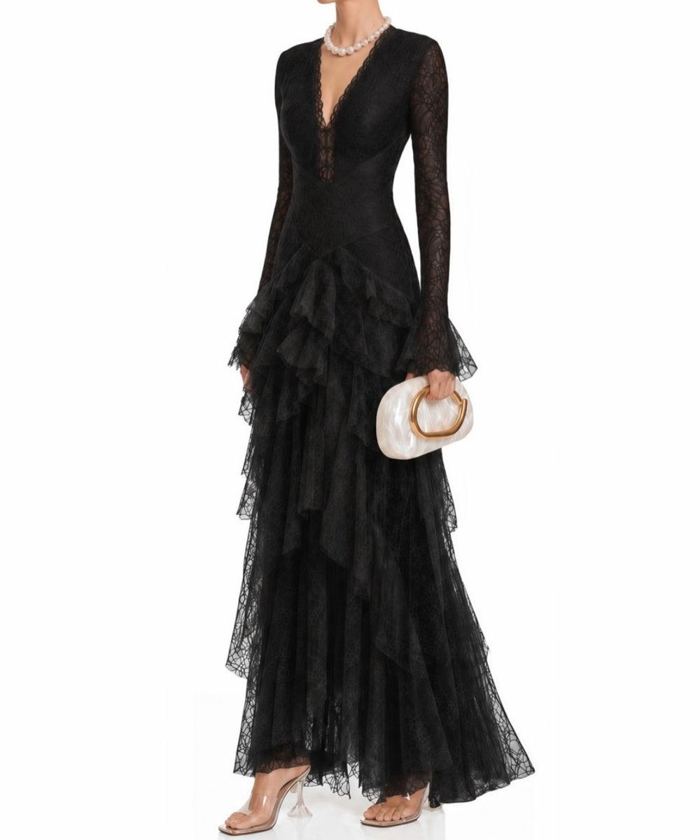 Black Long Sleeve V-Neck Lace Maxi Evening Dress with Tiered Ruffled Skirt