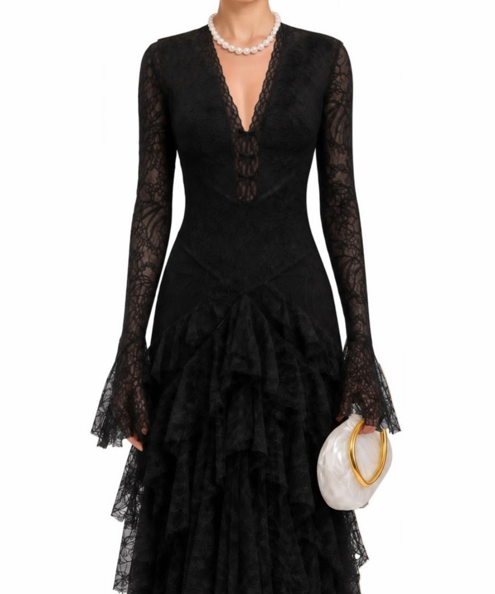 Black Long Sleeve V-Neck Lace Maxi Evening Dress with Tiered Ruffled Skirt
