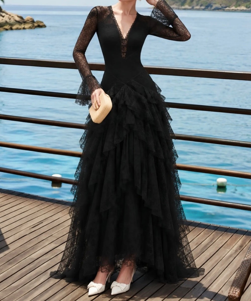 Black Long Sleeve V-Neck Lace Maxi Evening Dress with Tiered Ruffled Skirt