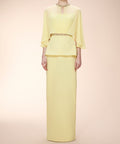 Pale Yellow Chiffon Cape Sleeve Maxi Evening Gown with Beaded Neckline and Waistband