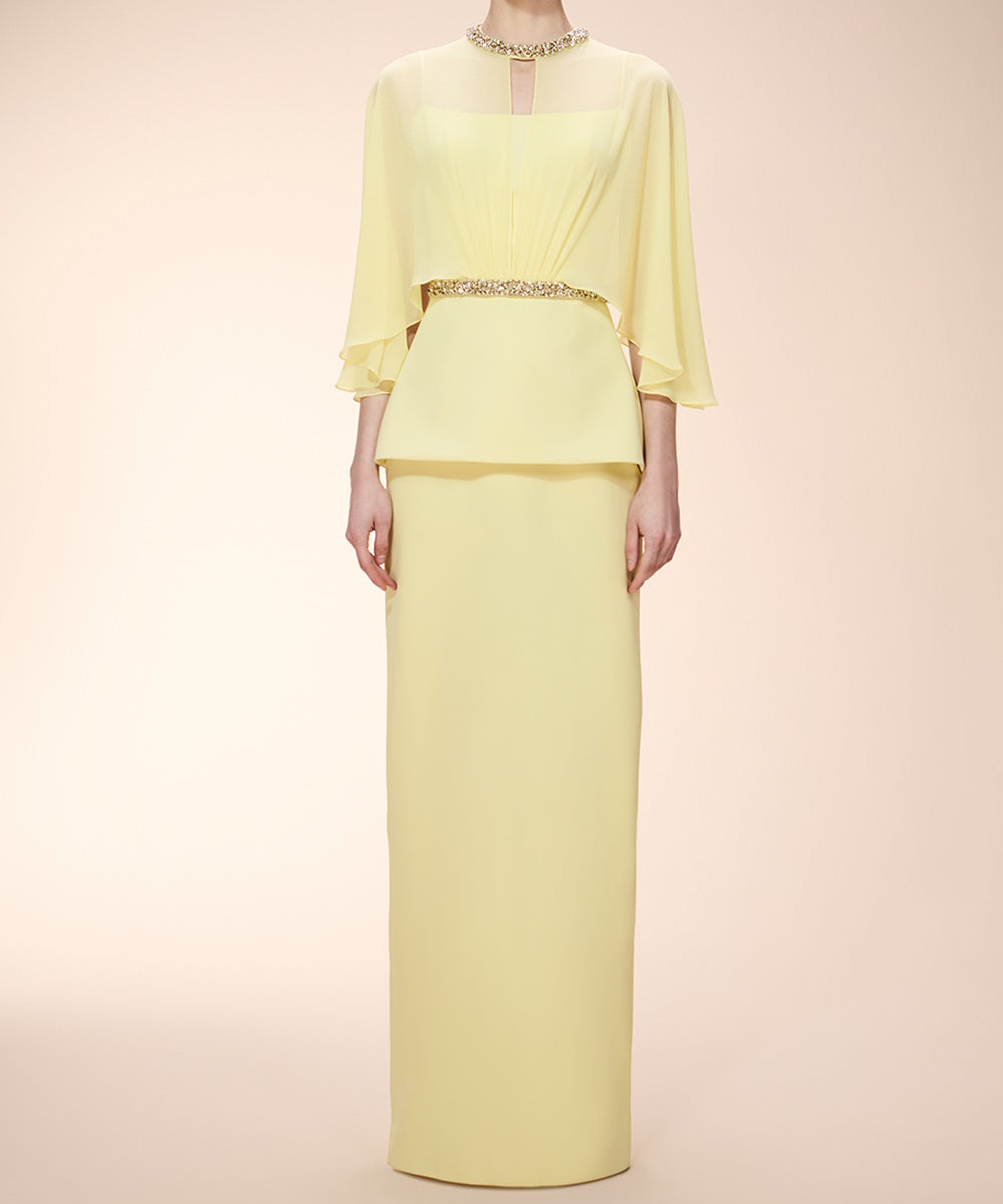 Pale Yellow Chiffon Cape Sleeve Maxi Evening Gown with Beaded Neckline and Waistband