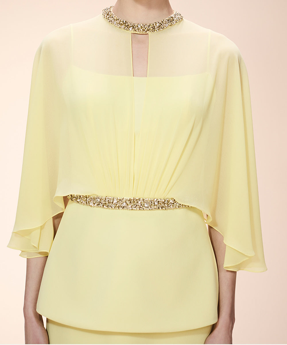 Pale Yellow Chiffon Cape Sleeve Maxi Evening Gown with Beaded Neckline and Waistband