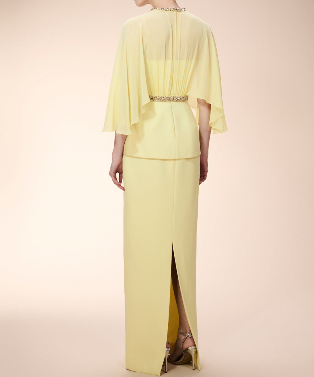 Pale Yellow Chiffon Cape Sleeve Maxi Evening Gown with Beaded Neckline and Waistband
