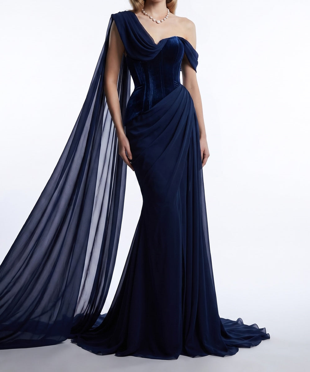 Navy Blue Velvet Corset Mermaid Evening Gown With Draped Chiffon Cape