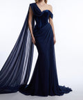 Navy Blue Velvet Corset Mermaid Evening Gown With Draped Chiffon Cape