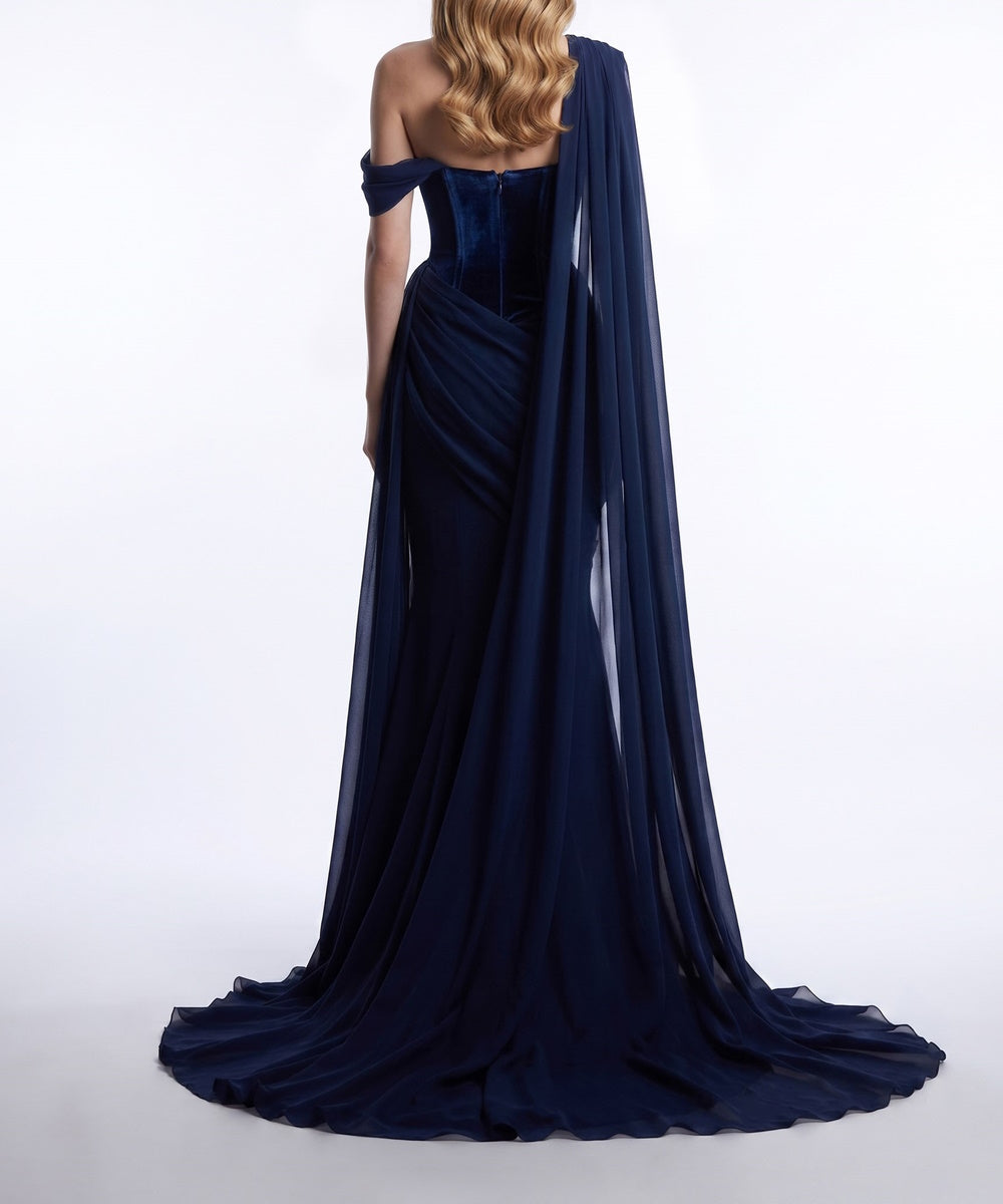 Navy Blue Velvet Corset Mermaid Evening Gown With Draped Chiffon Cape