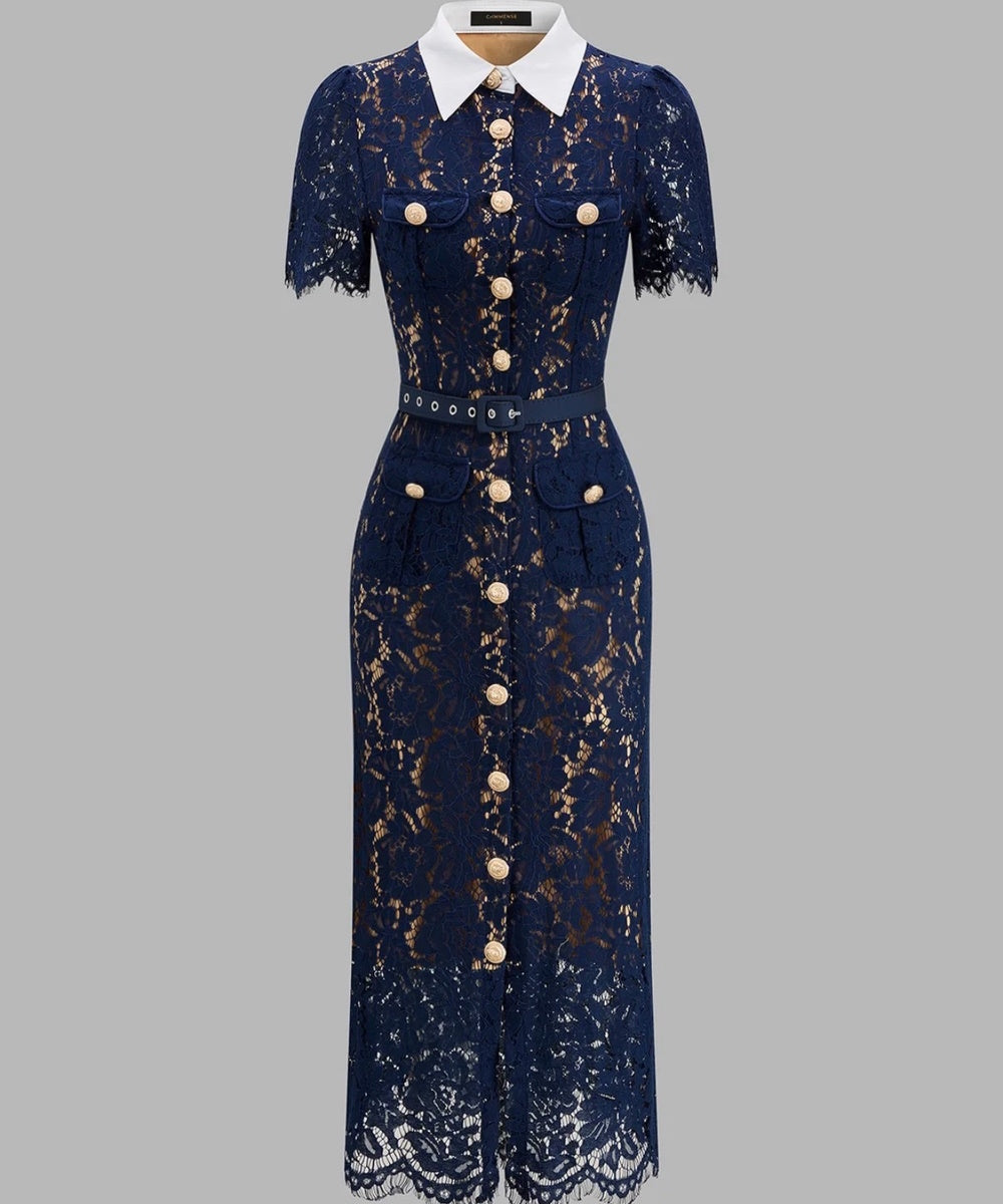 Navy Blue Lace Midi Dress with White Collar, Lion Head Gold Buttons and Matching Waist Belt