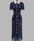 Navy Blue Lace Midi Dress with White Collar, Lion Head Gold Buttons and Matching Waist Belt