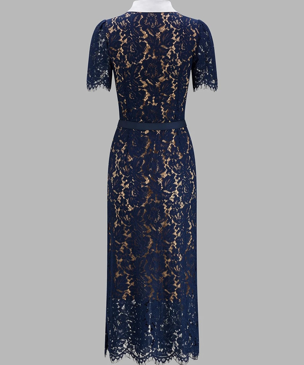 Navy Blue Lace Midi Dress with White Collar, Lion Head Gold Buttons and Matching Waist Belt