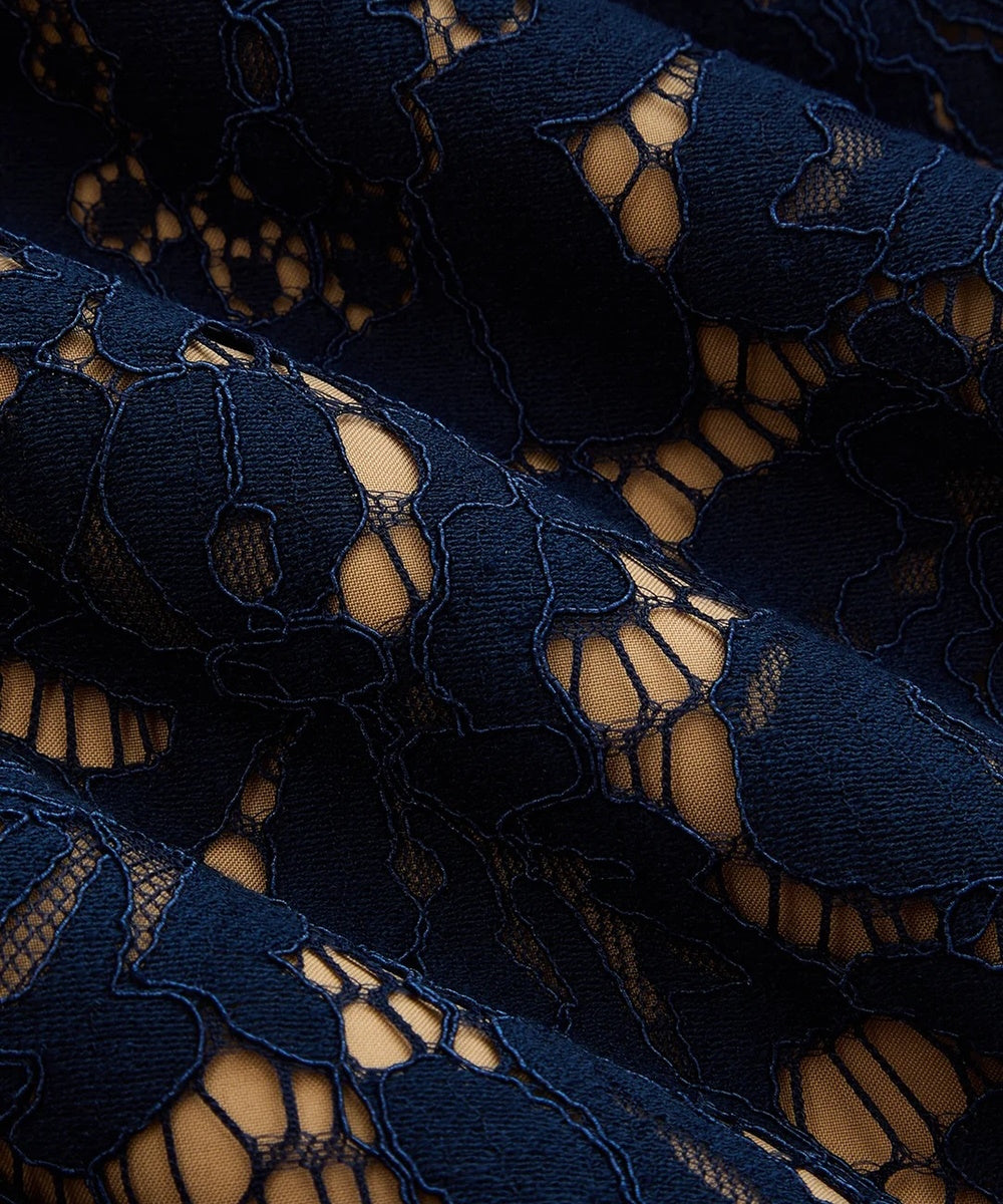 Navy Blue Lace Midi Dress with White Collar, Lion Head Gold Buttons and Matching Waist Belt