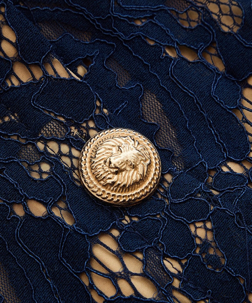 Navy Blue Lace Midi Dress with White Collar, Lion Head Gold Buttons and Matching Waist Belt