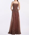 Chocolate Brown Spaghetti Strap Beaded Tulle Evening Gown With Optional Beaded Cape