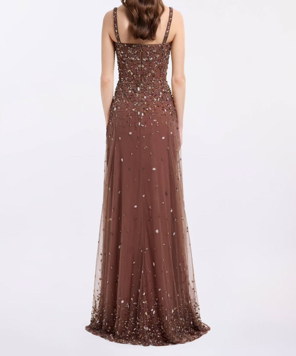 Chocolate Brown Spaghetti Strap Beaded Tulle Evening Gown With Optional Beaded Cape