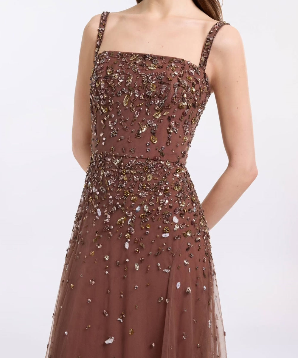 Chocolate Brown Spaghetti Strap Beaded Tulle Evening Gown With Optional Beaded Cape