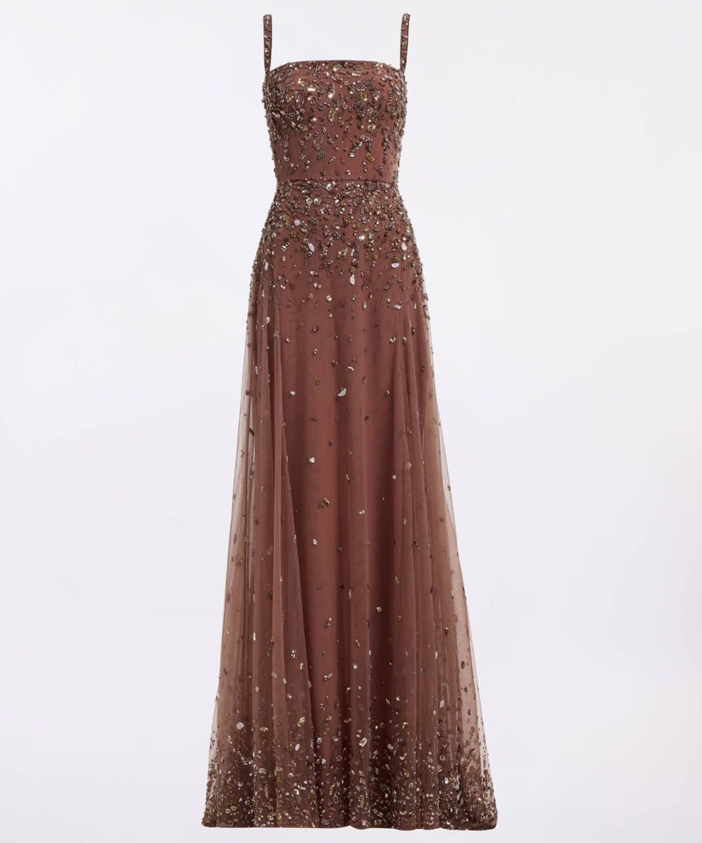 Chocolate Brown Spaghetti Strap Beaded Tulle Evening Gown With Optional Beaded Cape
