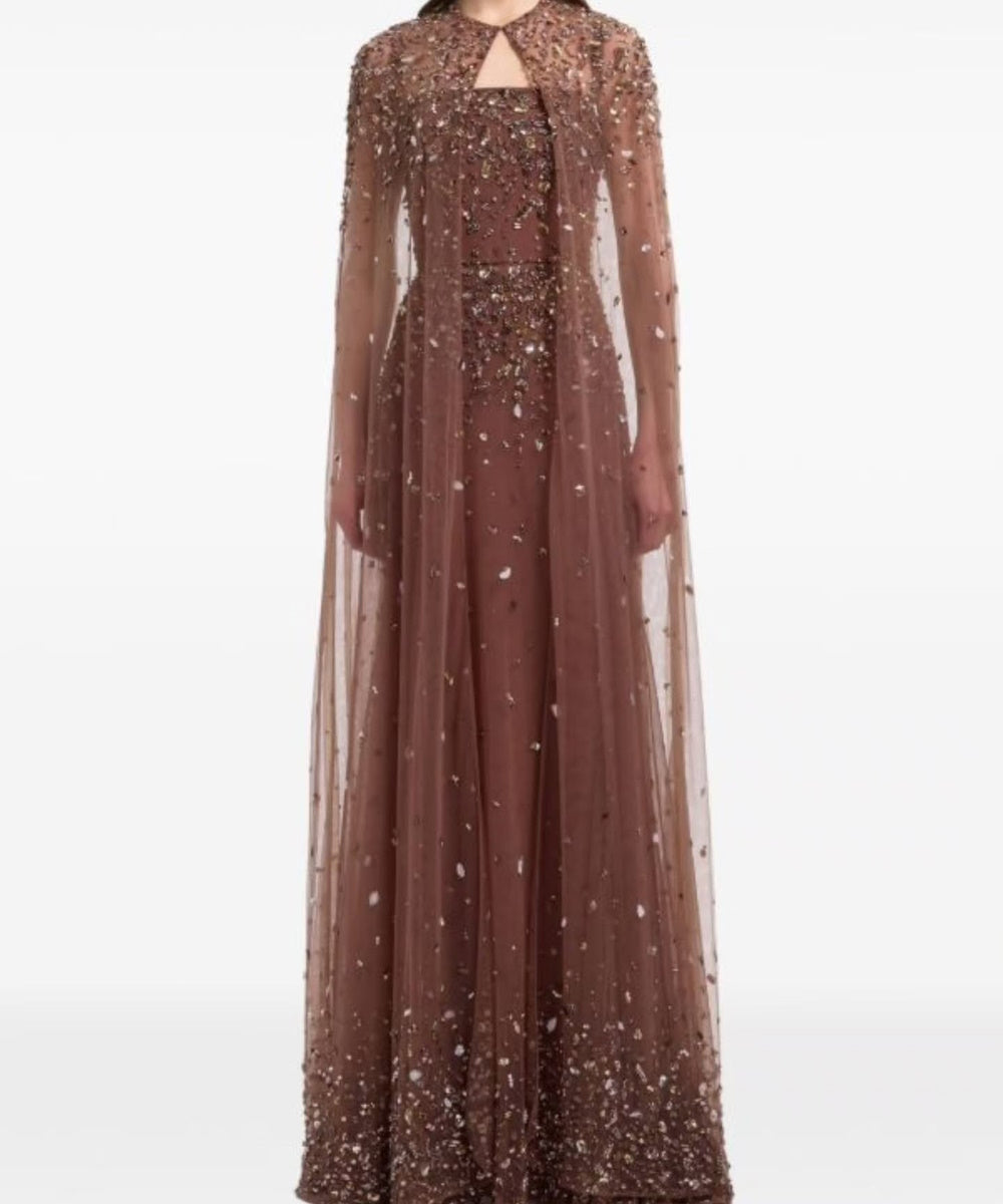 Chocolate Brown Spaghetti Strap Beaded Tulle Evening Gown With Optional Beaded Cape