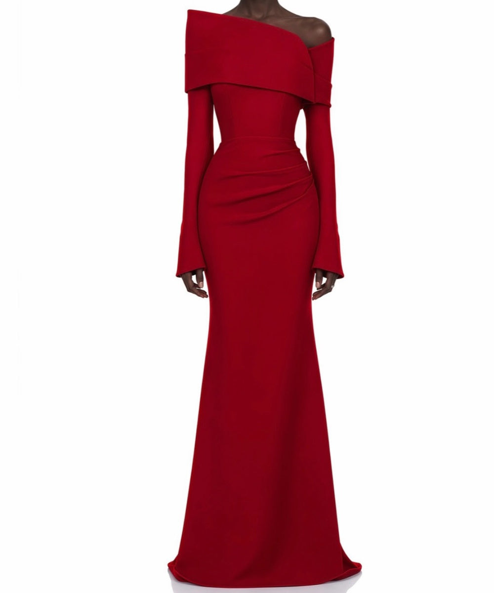 Red Asymmetric Off The Shoulder Long Sleeve Mermaid Maxi Evening Dress