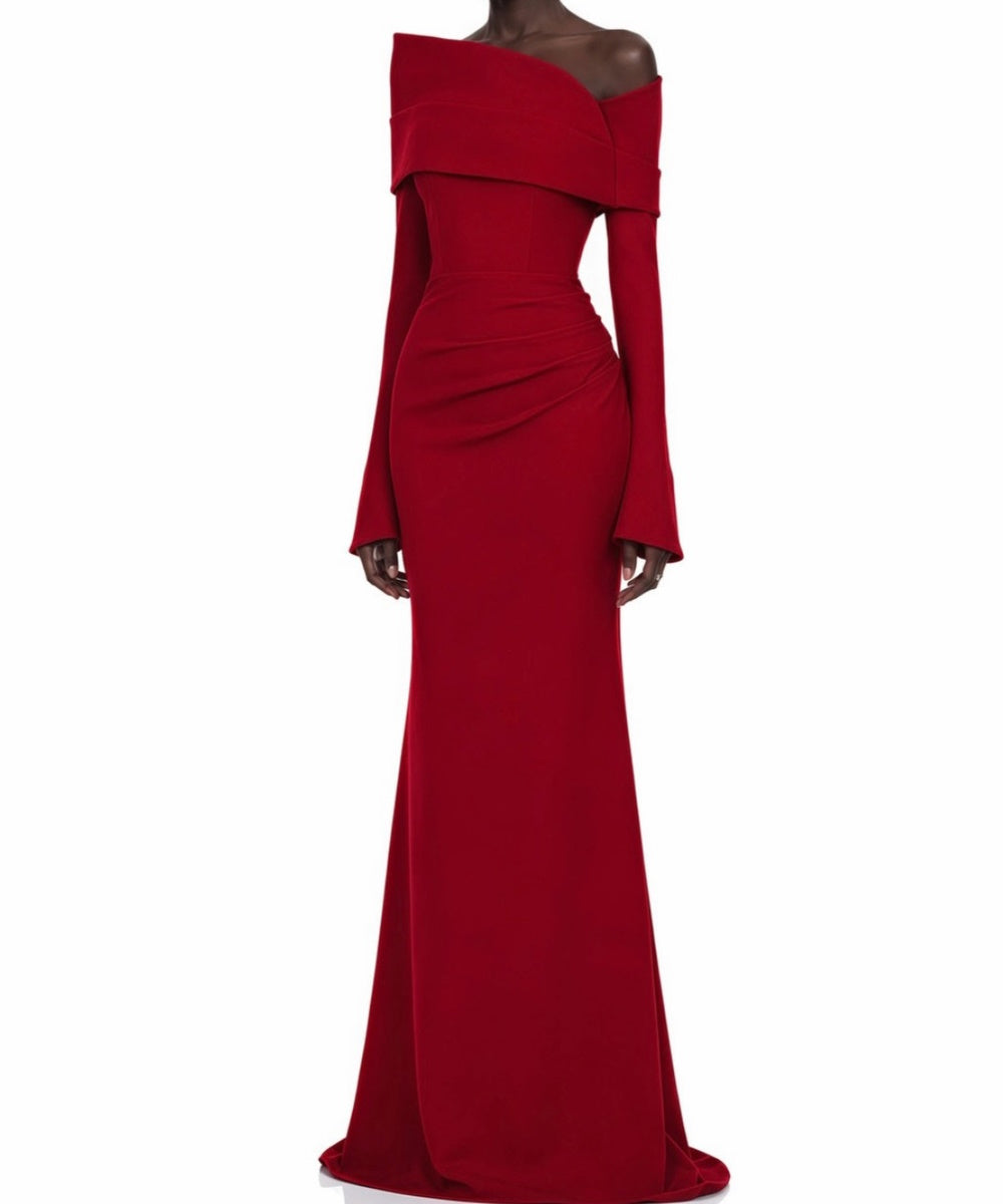 Red Asymmetric Off The Shoulder Long Sleeve Mermaid Maxi Evening Dress