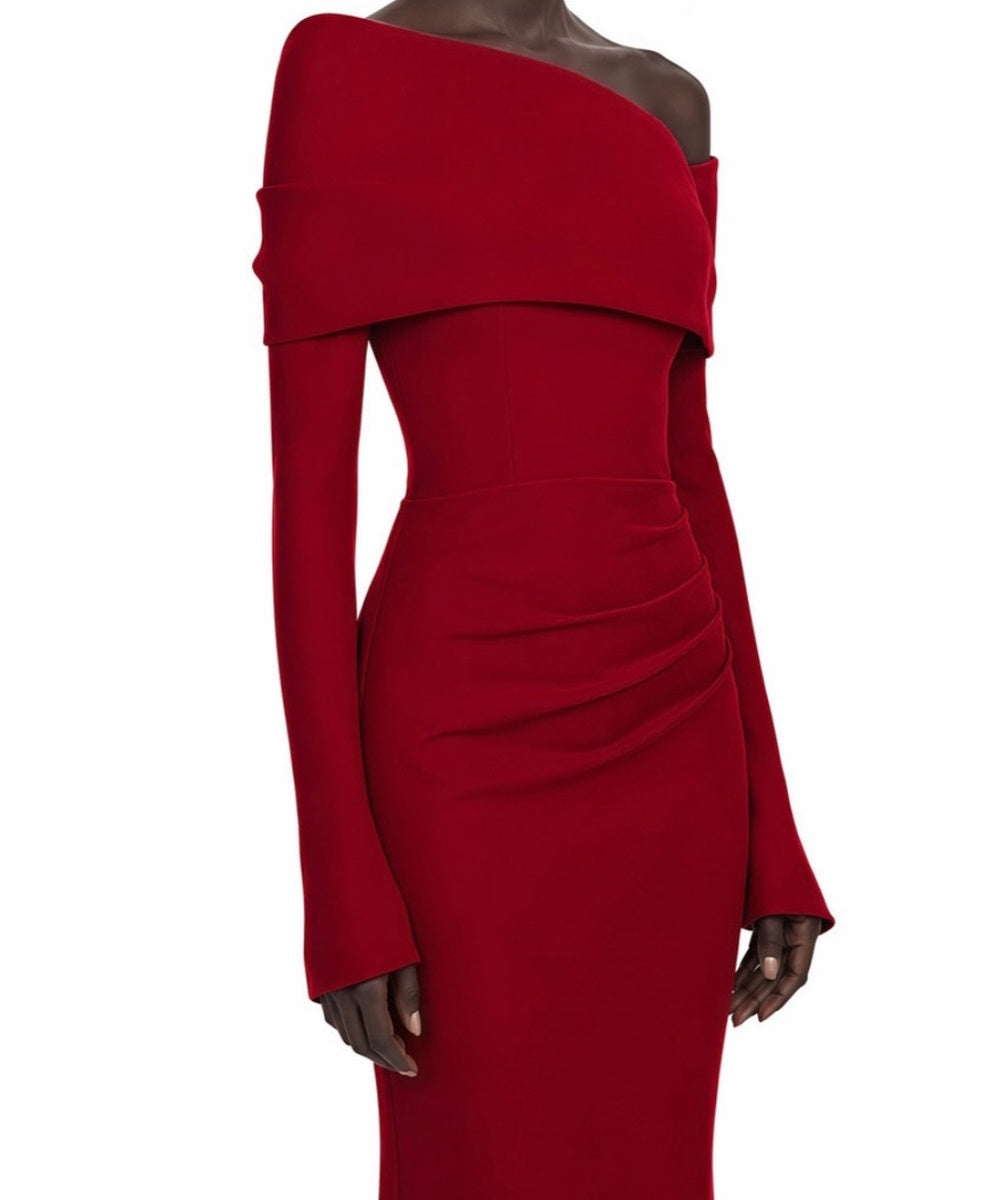 Red Asymmetric Off The Shoulder Long Sleeve Mermaid Maxi Evening Dress
