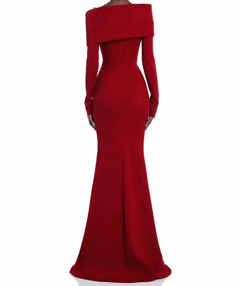 Red Asymmetric Off The Shoulder Long Sleeve Mermaid Maxi Evening Dress