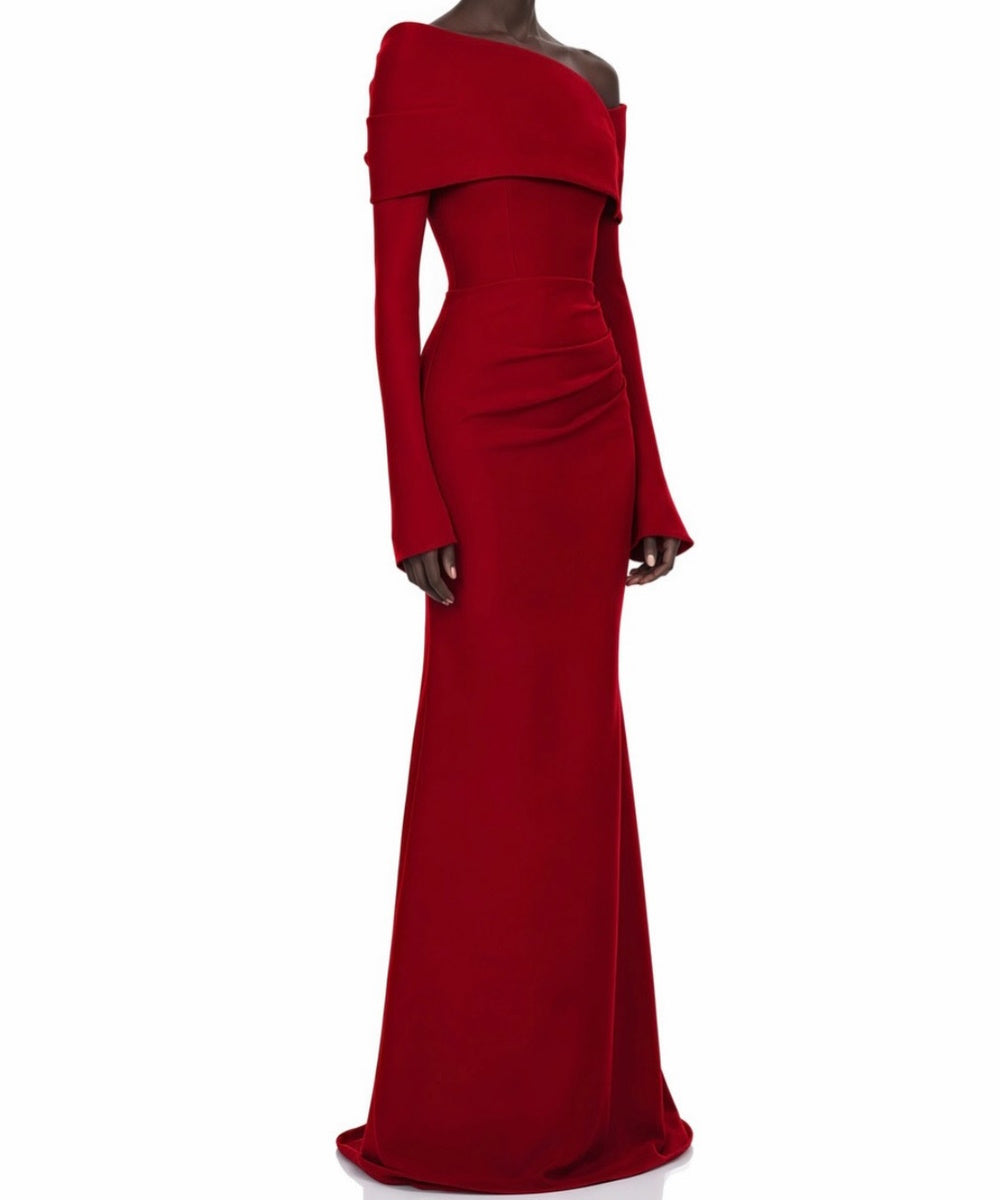 Red Asymmetric Off The Shoulder Long Sleeve Mermaid Maxi Evening Dress
