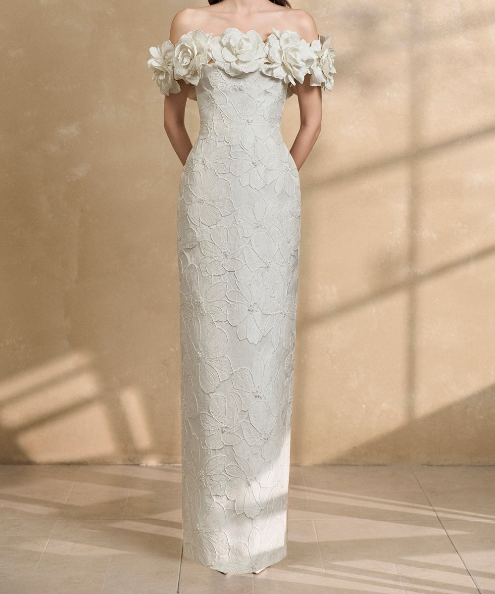 White Off The Shoulder Maxi Gown With 3D Floral Appliques