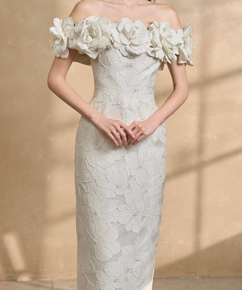 White Off The Shoulder Maxi Gown With 3D Floral Appliques