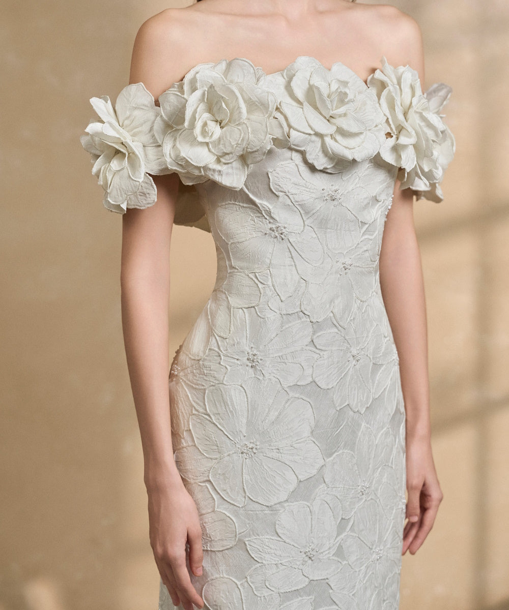 White Off The Shoulder Maxi Gown With 3D Floral Appliques